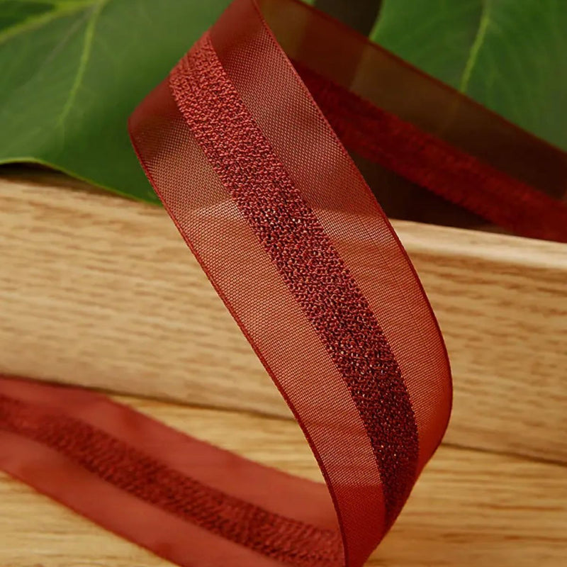 Ribbon | 'Sheer with Central Shimmer Stripe' Approx 40mm Wide: WINE RED: 5 YARD LENGTH