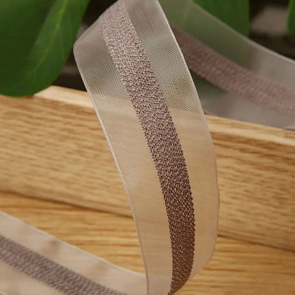 Ribbon | 'Sheer with Central Shimmer Stripe' Approx 40mm Wide: GREY: 5 YARD LENGTH
