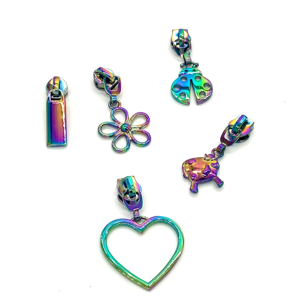 5 Piece Rainbow Metal Zip Pull Bundle: Large Heart, Cow, Ladybird, Bar & Flower