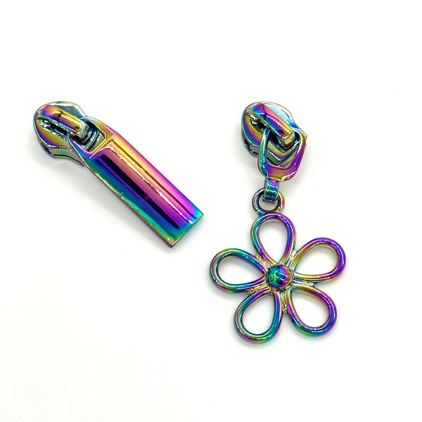 5 Piece Rainbow Metal Zip Pull Bundle: Large Heart, Cow, Ladybird, Bar & Flower