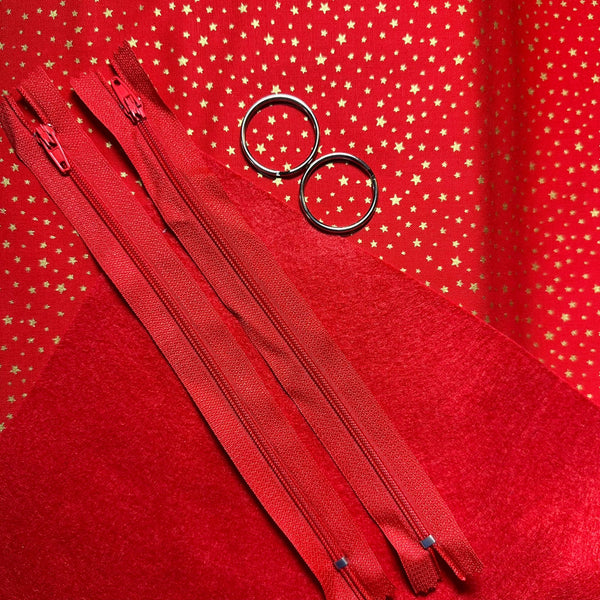 FABRIC + HARDWARE: Dog Poo Bag Holder: Makower | Essentials 'Star' Gold Metallic on Red 306/R10