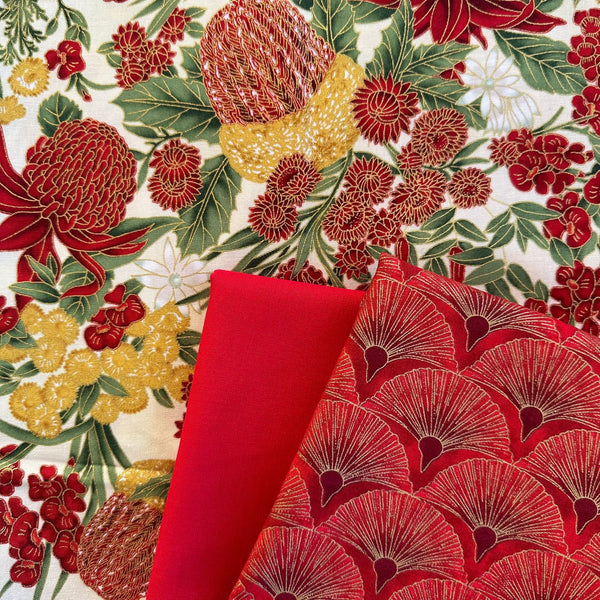 FABRIC TRIO: 3 x 1/2m: Leesa Chandler UTAS 'Floral' Red Ivory + Melba 'Fan' Bright Red + Cardinal