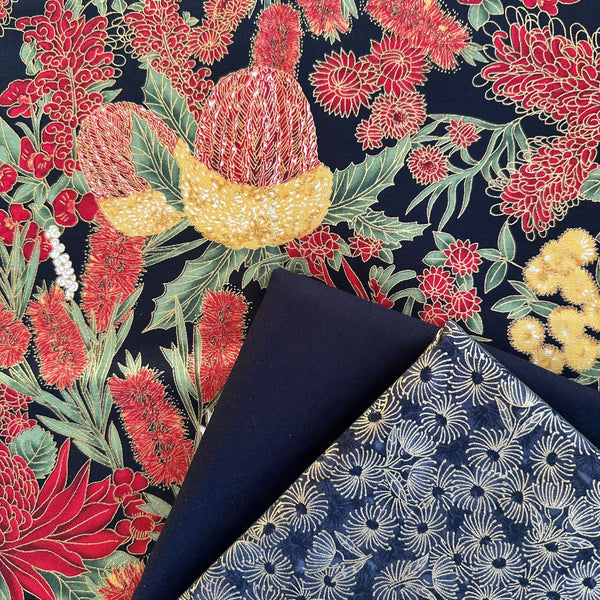 FABRIC TRIO: 3 x 1/2m: Leesa Chandler UTAS 'Floral' Red Black + 'Flowering Gum' Black + Black