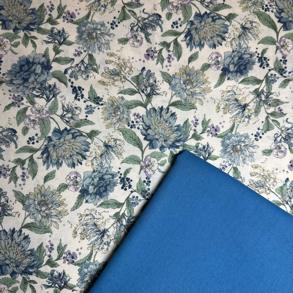 Half Metre Heaven: Sevenberry | Cotton Printed Shirting 'Floral' Blue Cream 83056D1-1 with Cadet Blue