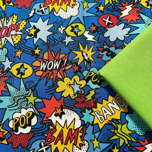 Half Metre Heaven: Makower | Monster Mash 'Pow' Blue 2555/B with Lime