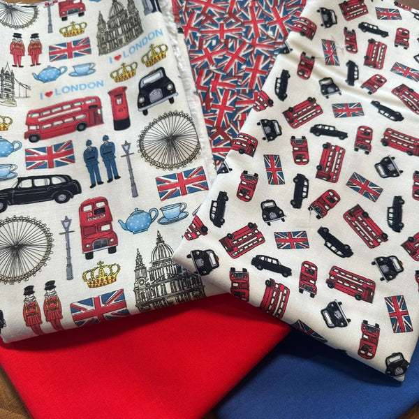 SPECIAL BUY: 5 x 1/2m: Makower | London Revival 'London Icons', 'Union Jacks', 'Bus Scatter' + Plain Copen and Red