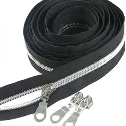 5 YARDS of Zipper Tape & 10 Zip Pulls: Black with Silver
