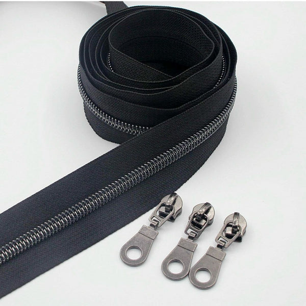 5 YARDS of Zipper Tape & 10 Zip Pulls: Black with Nickel