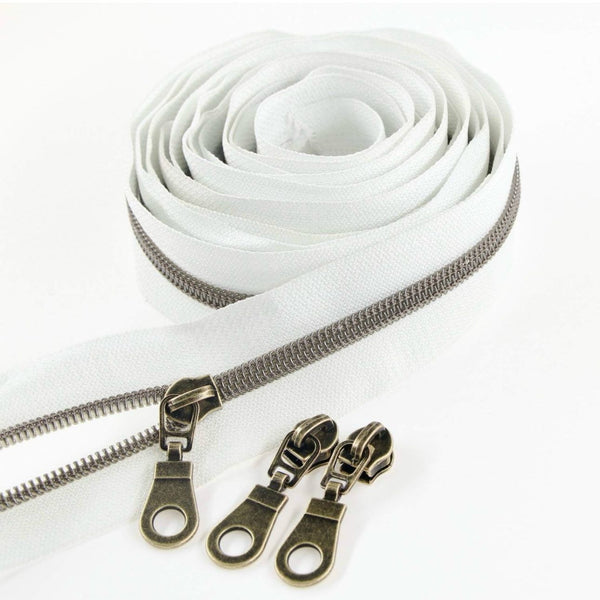 5 YARDS of Zipper Tape & 10 Zip Pulls: White with Antique Brass