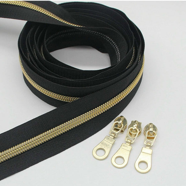 5 YARDS of Zipper Tape & 10 Zip Pulls: Black with Gold