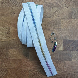 1 METRE Zipper Tape with Zip Ends + RECTANGLE BAR Pulls: WHITE with RAINBOW