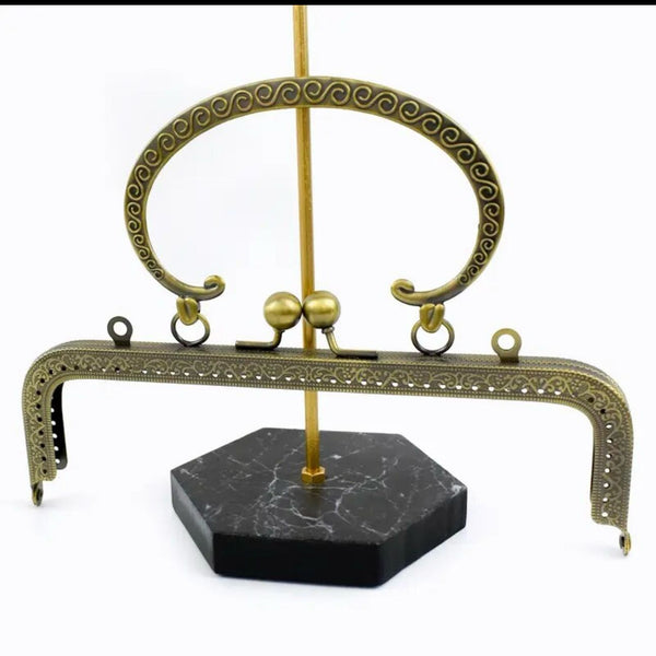 HARDWARE: 20cm Embossed Handle Square Metal Bag Frame: Antique colour