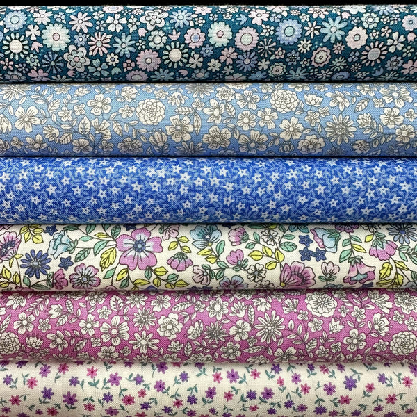 Makower | Country Cuttings: 6 LQS: Blues/Lilacs ('Flora' and 'Starflower' Blue, 'Sweet Meadow', 'Daisy Press', 'Flora' and 'Blooms' Lilac)