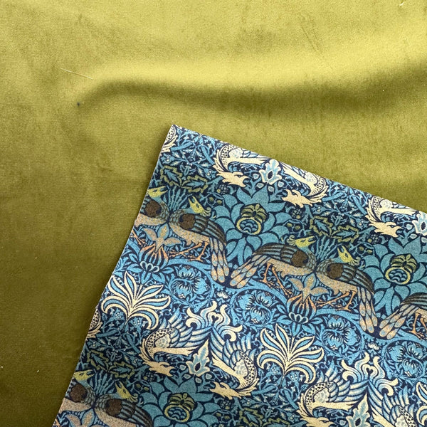 HALF METRE DUO: Chatham Glyn | Crafty Velvets 'Plain' CVP052 Pear + Cotton Percale 'Peacock and Dragon' CPR003