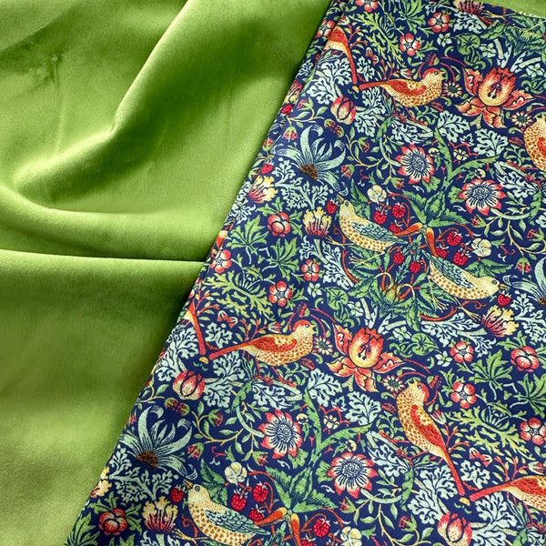 HALF METRE DUO: Chatham Glyn | Crafty Velvets 'Plain' CVP009 Lime + Cotton Percale 'Strawberry Thief' CPR002