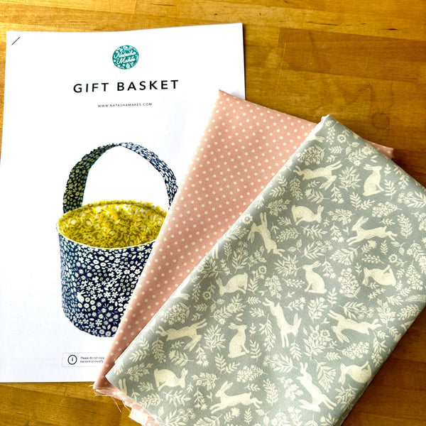 FABRIC DUO + Gift Basket Instructions: Makower | Foxwood 'Bounding Bunnies' Foxwood Silver Grey + 'Spot On' White on Cheeky Pink