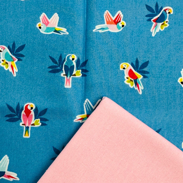 Half Metre Heaven: Makower | Pool Party 'Parrots' Blue 2443/B with Pink