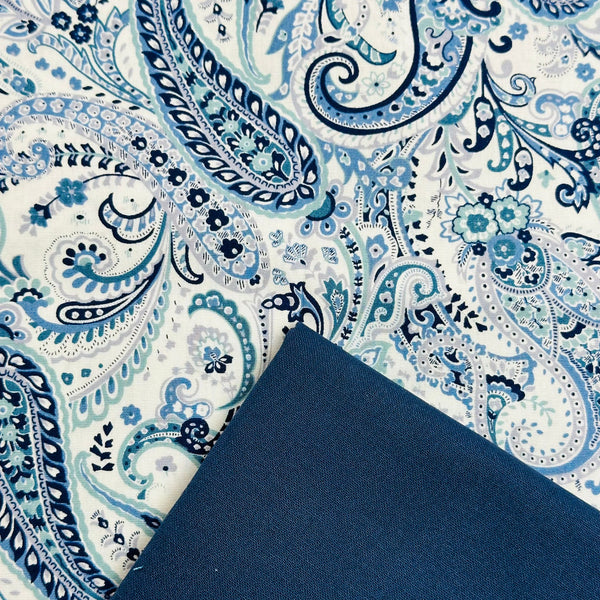 Half Metre Heaven: Sevenberry | Stylish Vintage Cotton Printed Broad Cloth 'Big Paisley' White Navy 4227D1-1 with Navy