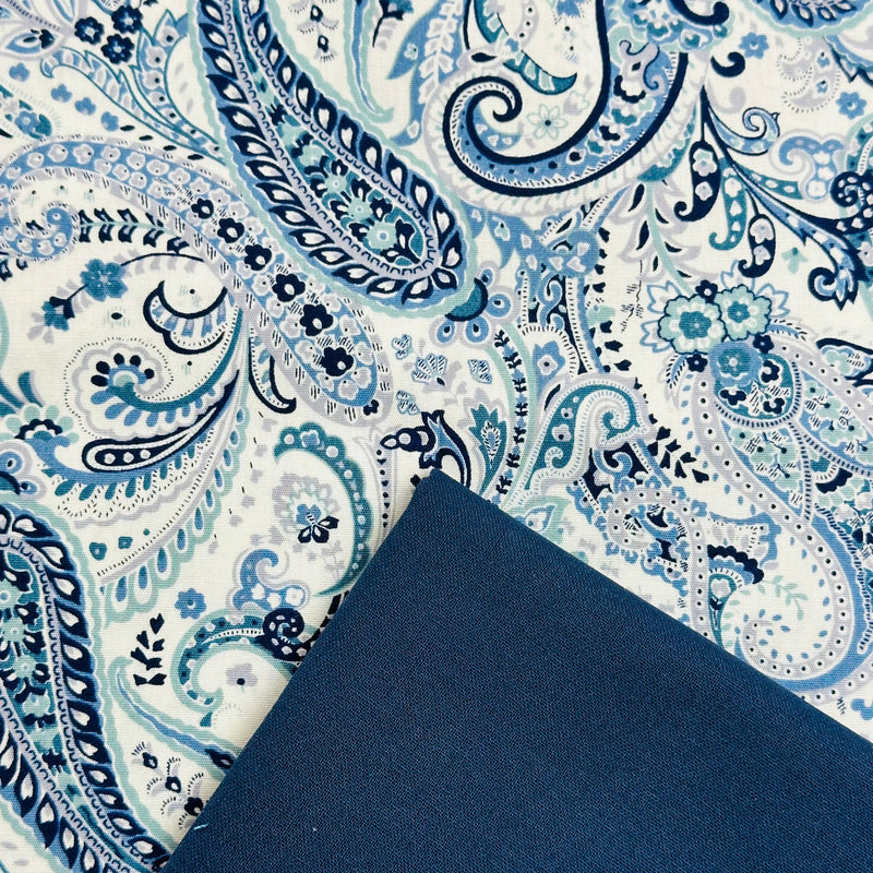 Half Metre Heaven: Sevenberry | Stylish Vintage Cotton Printed Broad Cloth 'Big Paisley' White Navy 4227D1-1 with Navy