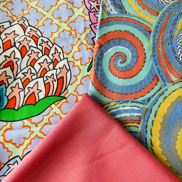 Half Metre Heaven: FQ Kaffe Fassett Collective 'Curly Baskets' Multi + FQ 'Paisley Flower' Pastel with 1/2m Coral