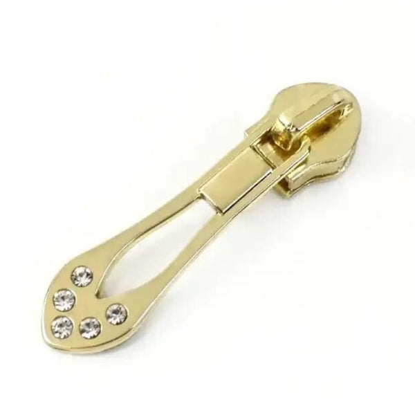 Metal Zip Slider with Zip Pull with RHINESTONE DETAIL: Size 5: Light Gold