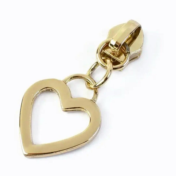 Metal Zip Slider with FLAT HOLLOW HEART Zipper Pull x 1: Light Gold