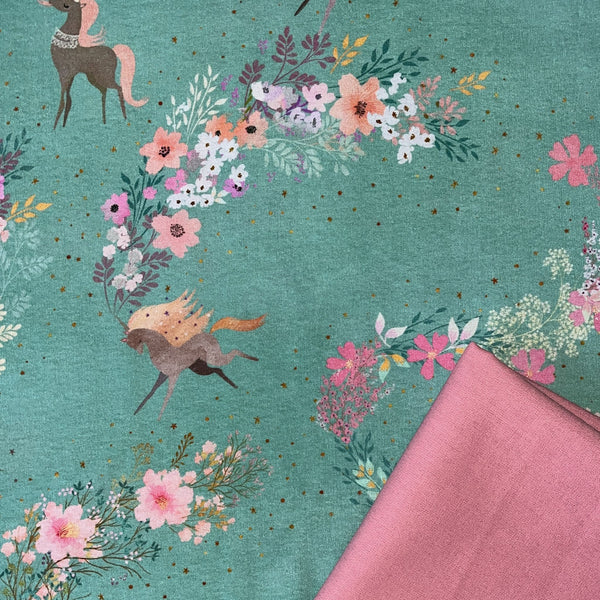 Premium Half Metre Heaven: Robert Kaufman Fabrics | Unicorn Meadow 'Flowers and Unicorns' with Blush CTO