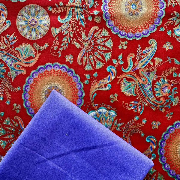 Premium Half Metre Heaven: Robert Kaufman Fabrics | Ancient Beauty 'Circle Flowers' GARNET with Amethyst CTO
