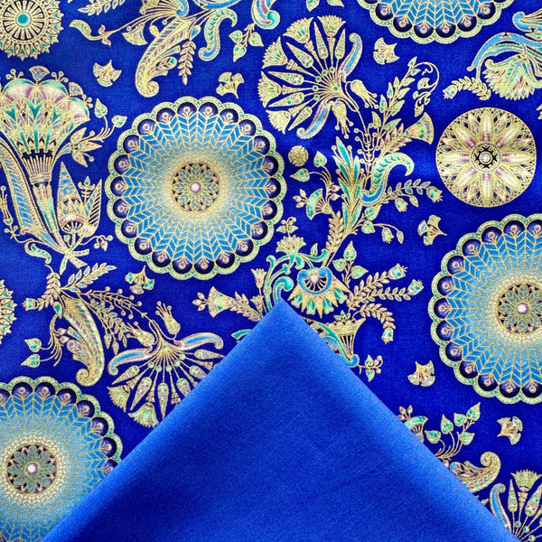 Premium Half Metre Heaven: Robert Kaufman Fabrics | Ancient Beauty 'Circle Flowers' SAPPHIRE with Royal CTO