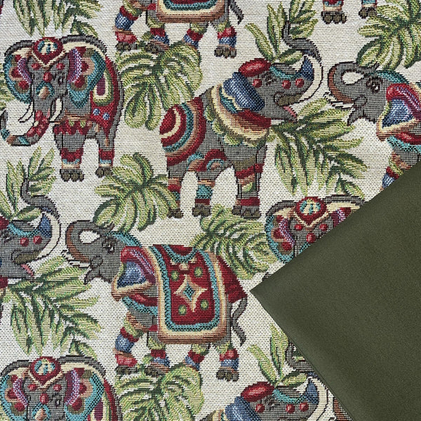Premium Half Metre Heaven: Luxury Weight Cotton Rich Tapestry Fabric 'Indian Elephants' NWF046 + Moss