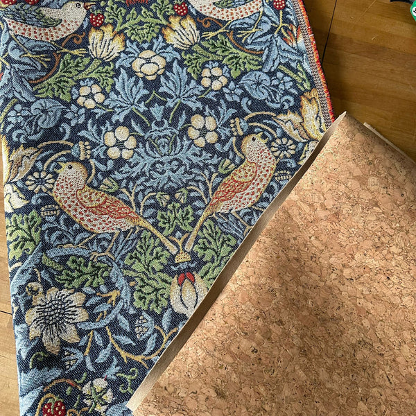 FABRIC DUO: 1/2m Tapestry Fabric 'Strawberry Thief' Navy NWW002 + LQ Cork: Gold Metallic Sparkle