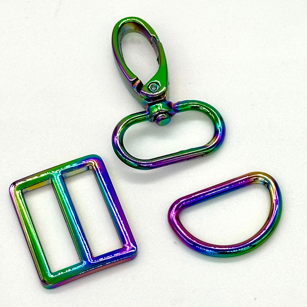 HARDWARE: Special Buy Trio of 1" Hardware (Lobster Clasp, D Ring and Slider): Rainbow