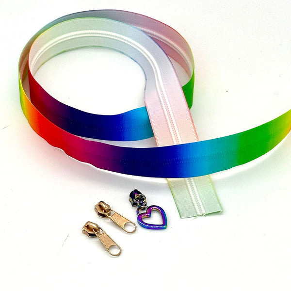 ZIP BUNDLE B: 1 METRE Size 5 RAINBOW INVISIBLE Zipper Tape + 2 Plain Pulls  + 1 Heart Rainbow Pull