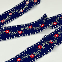 TRIM: Double Edge Embroidered Floral Ribbon: 2" wide: Navy/Red Flowers: by the METRE