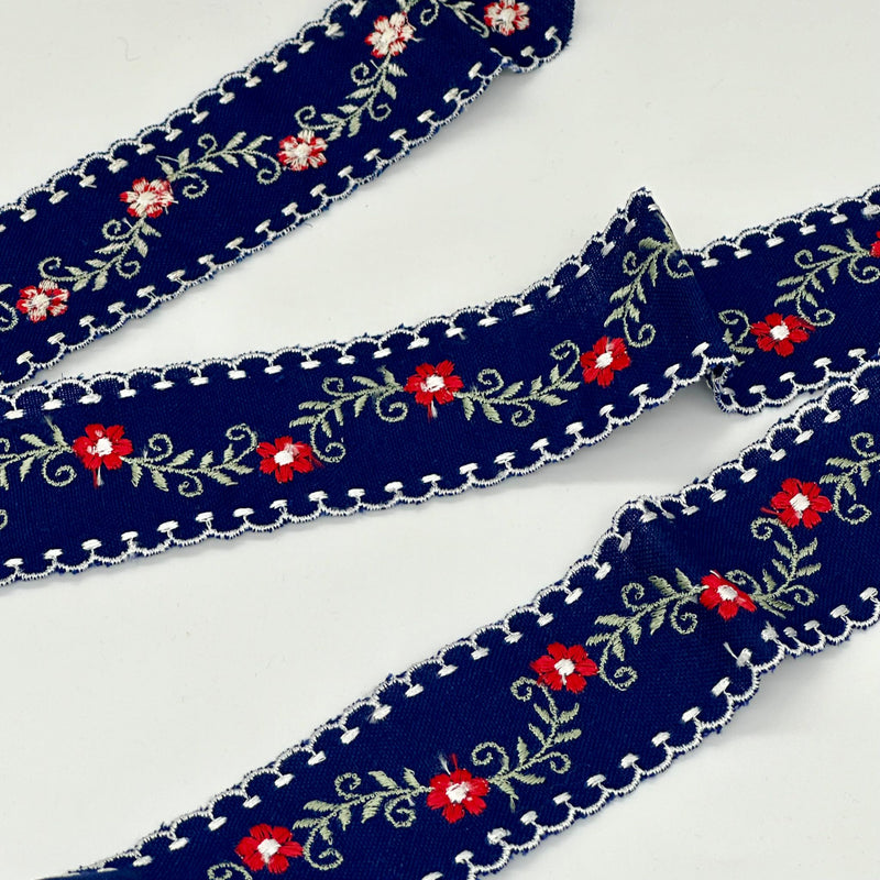 TRIM: Double Edge Embroidered Floral Ribbon: 2" wide: Navy/Red Flowers: by the METRE