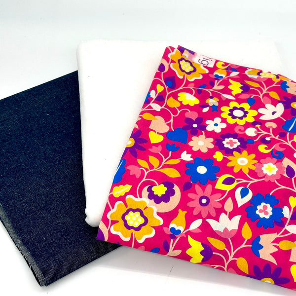 FABRIC KIT: Posh Peg Bag: 1/2m H640 + FQ Denim + FQ Dashwood Kaleidoscope Ace Lawn 'Large Floral' Pink
