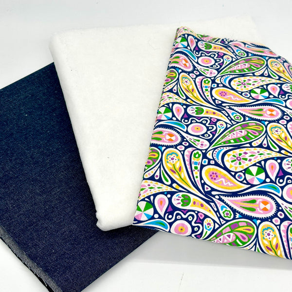 FABRIC KIT: Posh Peg Bag: 1/2m H640 + FQ Denim + FQ Dashwood Kaleidoscope Ace Lawn 'Paisley' Royal