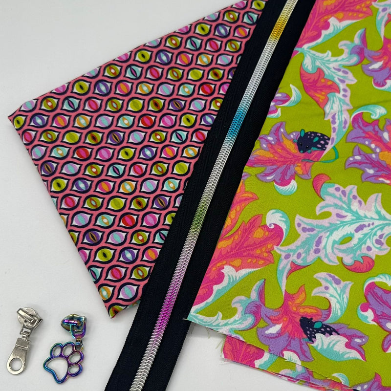 FRIDAY DEAL with FREE Quilters' Tape: 2 x FQ Tula Pink | Tabby Road Deja Vu ('Eek' Electroberry + 'Cats Eyes' Prism) + ½m zipper tape + 2 zip pulls