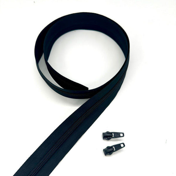 ZIP BUNDLE: 1 METRE Size 5 BLACK Zipper Tape + 2 Plain Pulls