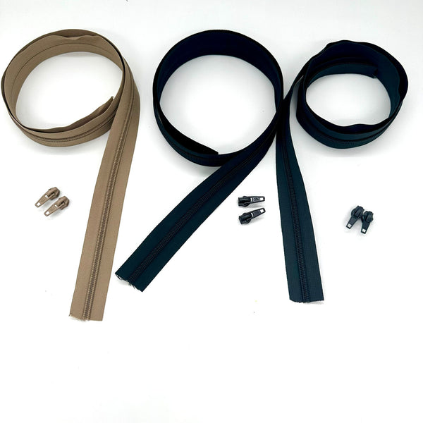 ZIP BUNDLE: x3 1 METRE Size 5 Zipper Tape + 2 Plain Pulls: Black, Dark Grey & Beige