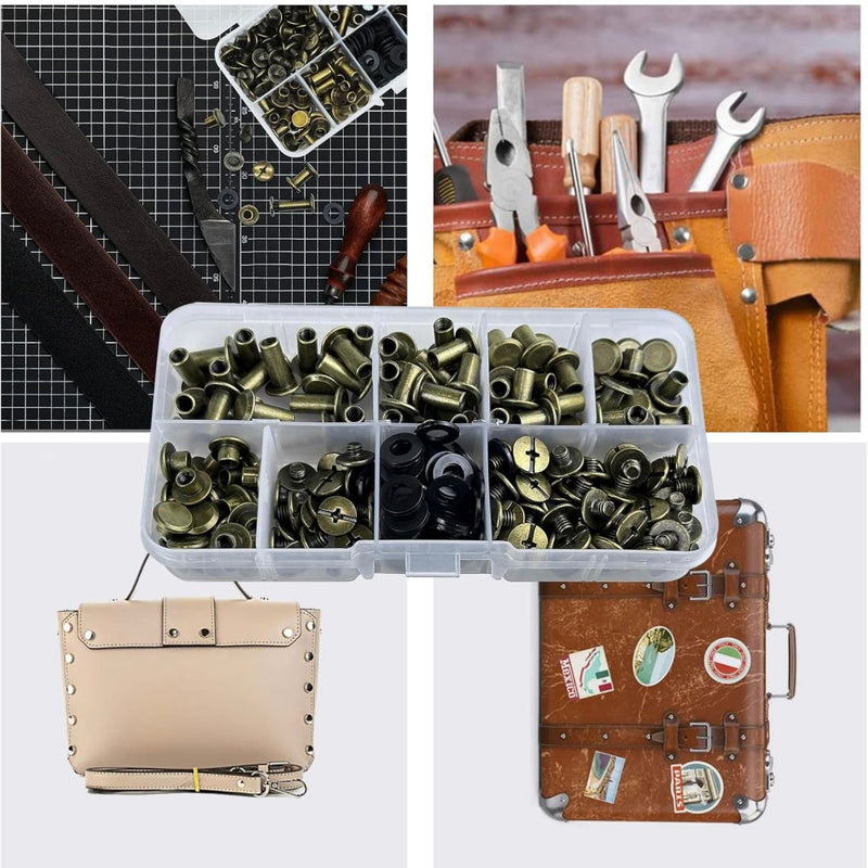 HARDWARE: Screwback 'Chicago Screws' Rivet Set: M5 x Five Sizes: 4/6/8/10/12mm Kit: Antique Brass / Bronze colour