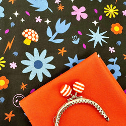 FABRIC KIT inc HARDWARE: 8.5cm Stripe Bobble Top Kiss Clasp Purse Frame + FQ Libs Elliott | Birdie 'Hazy Days' Dark 1132 K + FQ Paprika