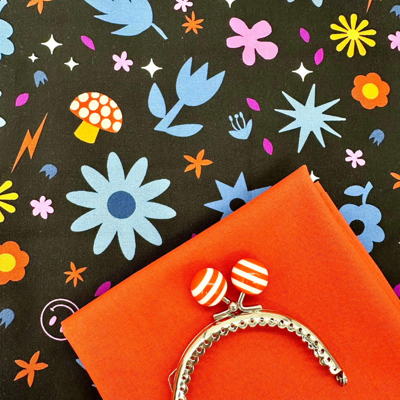 FABRIC KIT inc HARDWARE: 8.5cm Stripe Bobble Top Kiss Clasp Purse Frame + FQ Libs Elliott | Birdie 'Hazy Days' Dark 1132 K + FQ Paprika