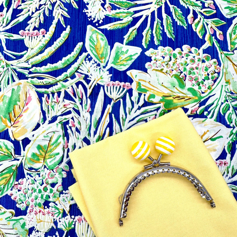 FABRIC KIT inc HARDWARE: 8.5cm Stripe Bobble Top Kiss Clasp Purse Frame + FQ Dena Designs | Marquesas 'Paradis' NAVY + FQ Buttercup