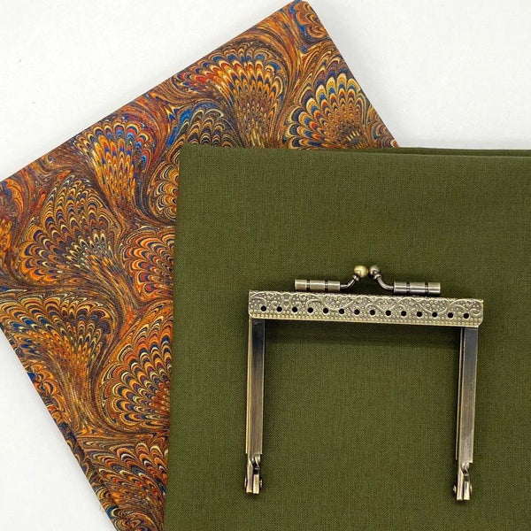 FABRIC KIT + HARDWARE: 7.5cm Barge Foot Purse Frame + FQ Robert Kaufman Fabrics 'End Papers' ANTIQUE + FQ Moss