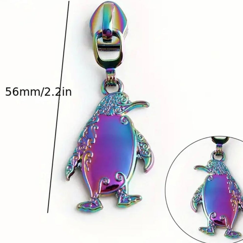 HARDWARE: Metal Zip Slider with Penguin: Size 5: Rainbow colour