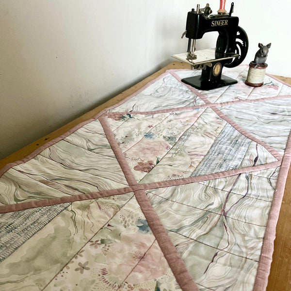 SAMPLE SALE: 26DL: Reversible Quilt As You Go Table Runner (Shell Rummel 'Brushstrokes' Dusky Pink Option)