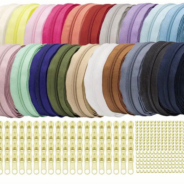 ZIP MEGA DEAL: 90 Metres of Size #5 Zipper Tape in 20 Colours with Gold Colour Zip Pulls and Accessories