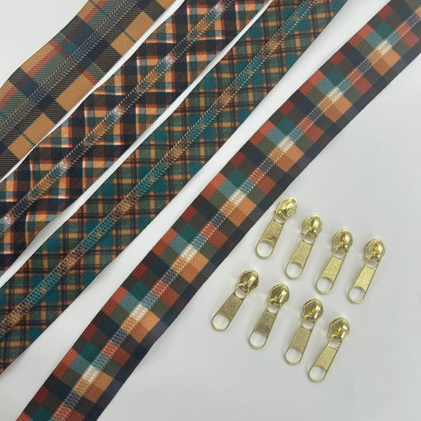 ZIPPER BUNDLE: FOUR x 1m Plaid Zipper Tape + 8 ZIP Pulls - Delayed Despatch