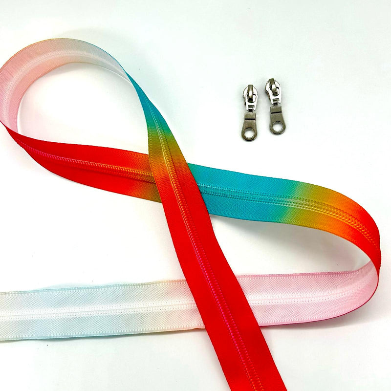 PRECUT 1 METRE ZIPPER TAPE + 2 ZIP PULLS: Peach Sunrise with Silver colour pulls with circle cutouts